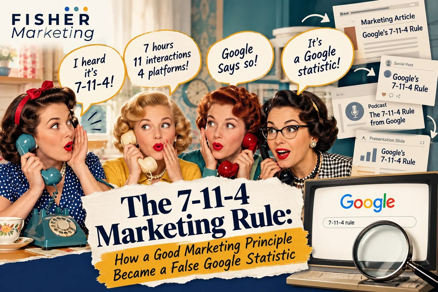 Women on telephones passing along the disputed 7-11-4 marketing rule