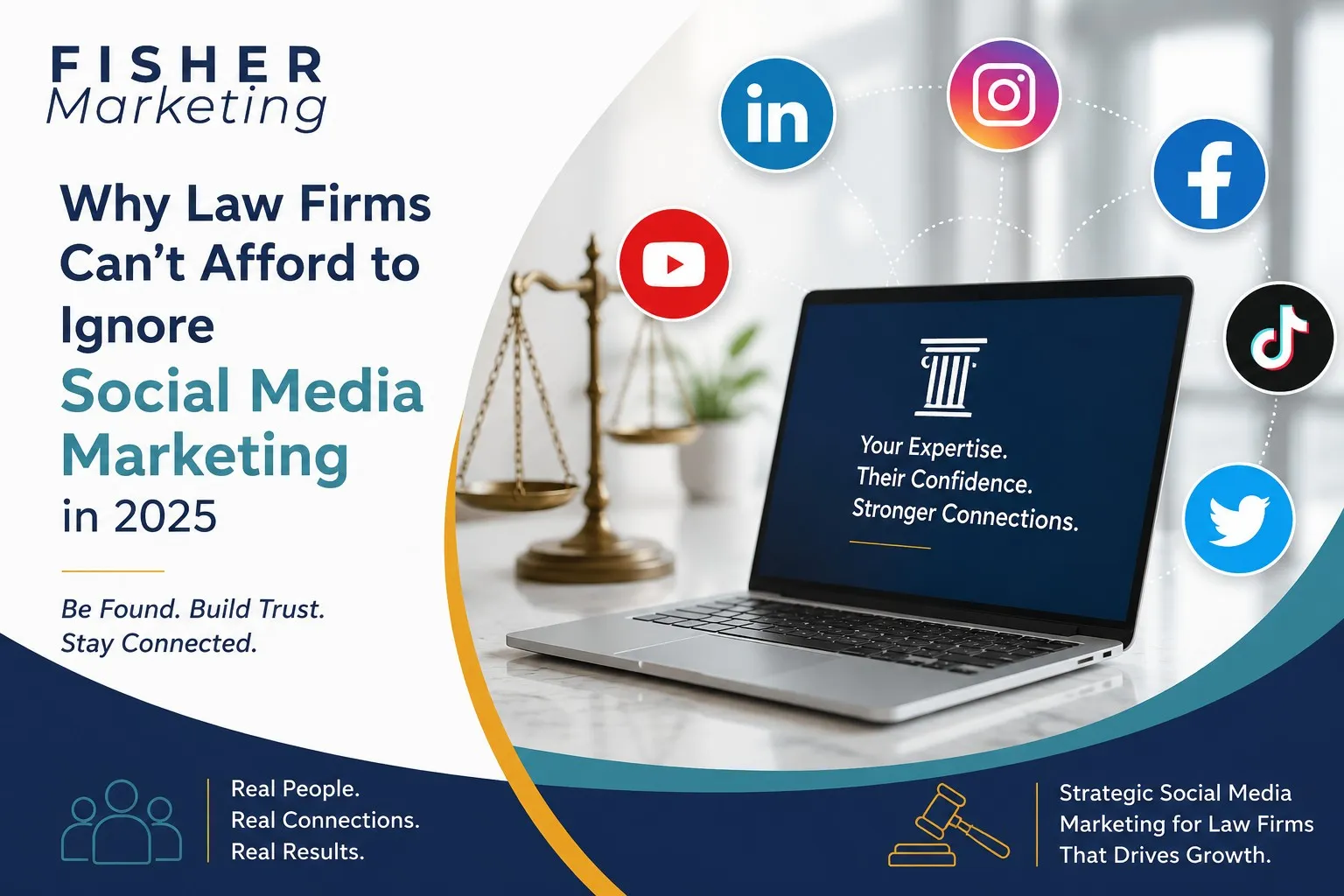 Law firm marketing graphic with laptop, scales, and social icons. Text: Why Law Firms Can’t Afford to Ignore Social Media Marketing in 2025.