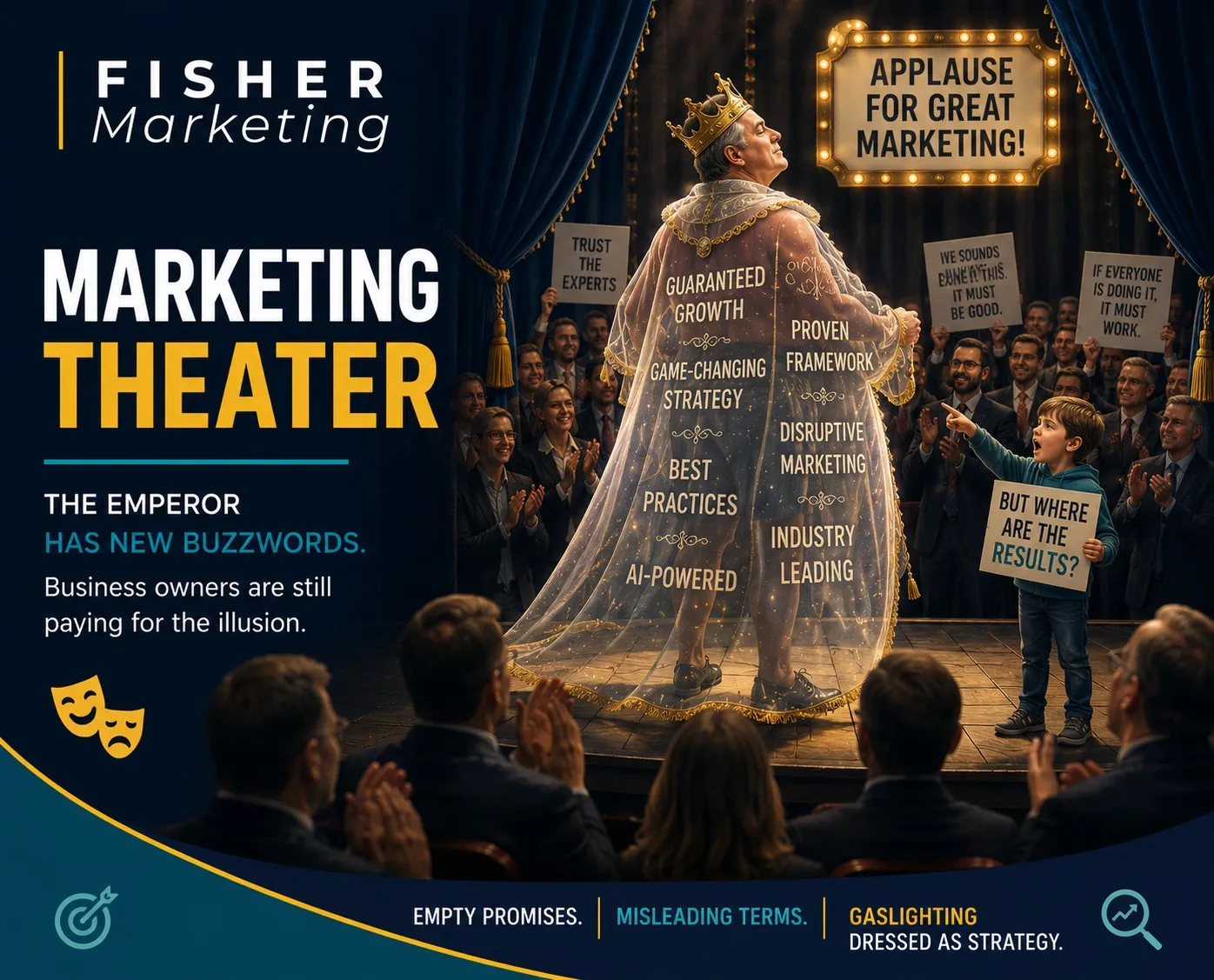 Marketing Theater poster: crowned emperor on stage in a sheer cape of buzzwords, crowd applauds, boy asks for results.