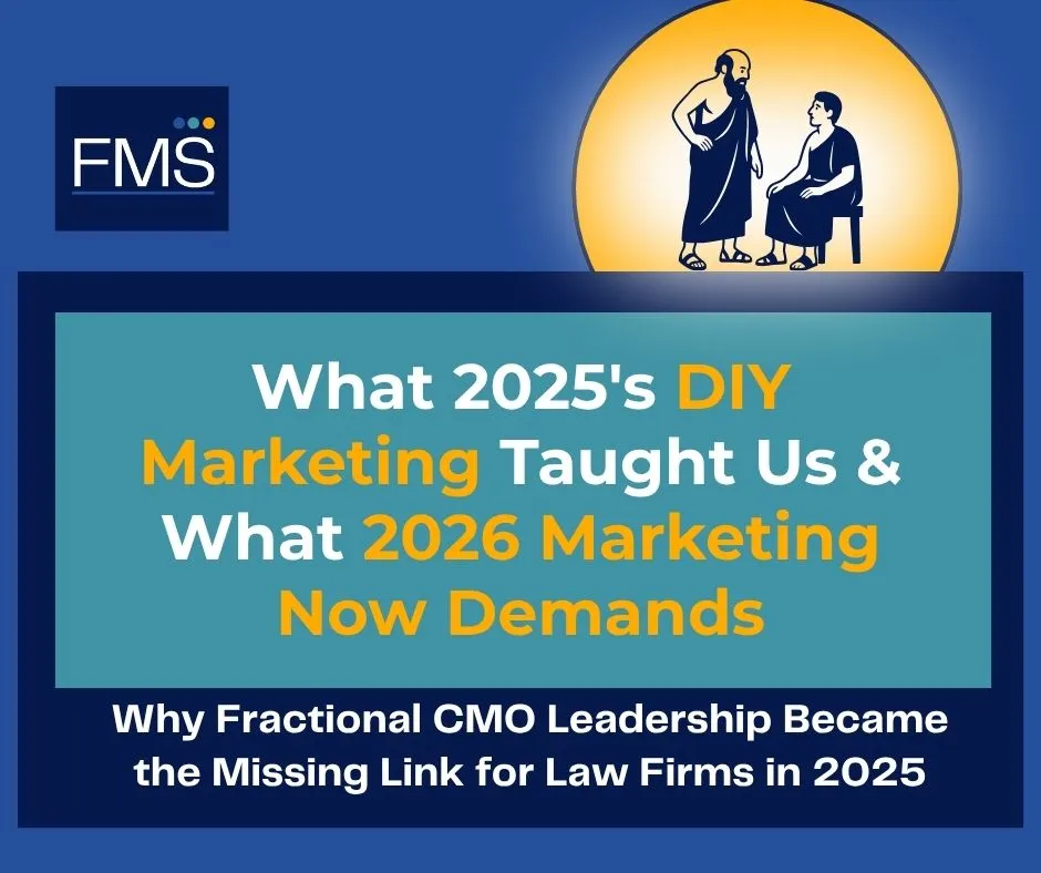 Two silhouettes in discussion atop a circular yellow background. Text about 2025-2026 marketing insights and fractional CMO leadership.
