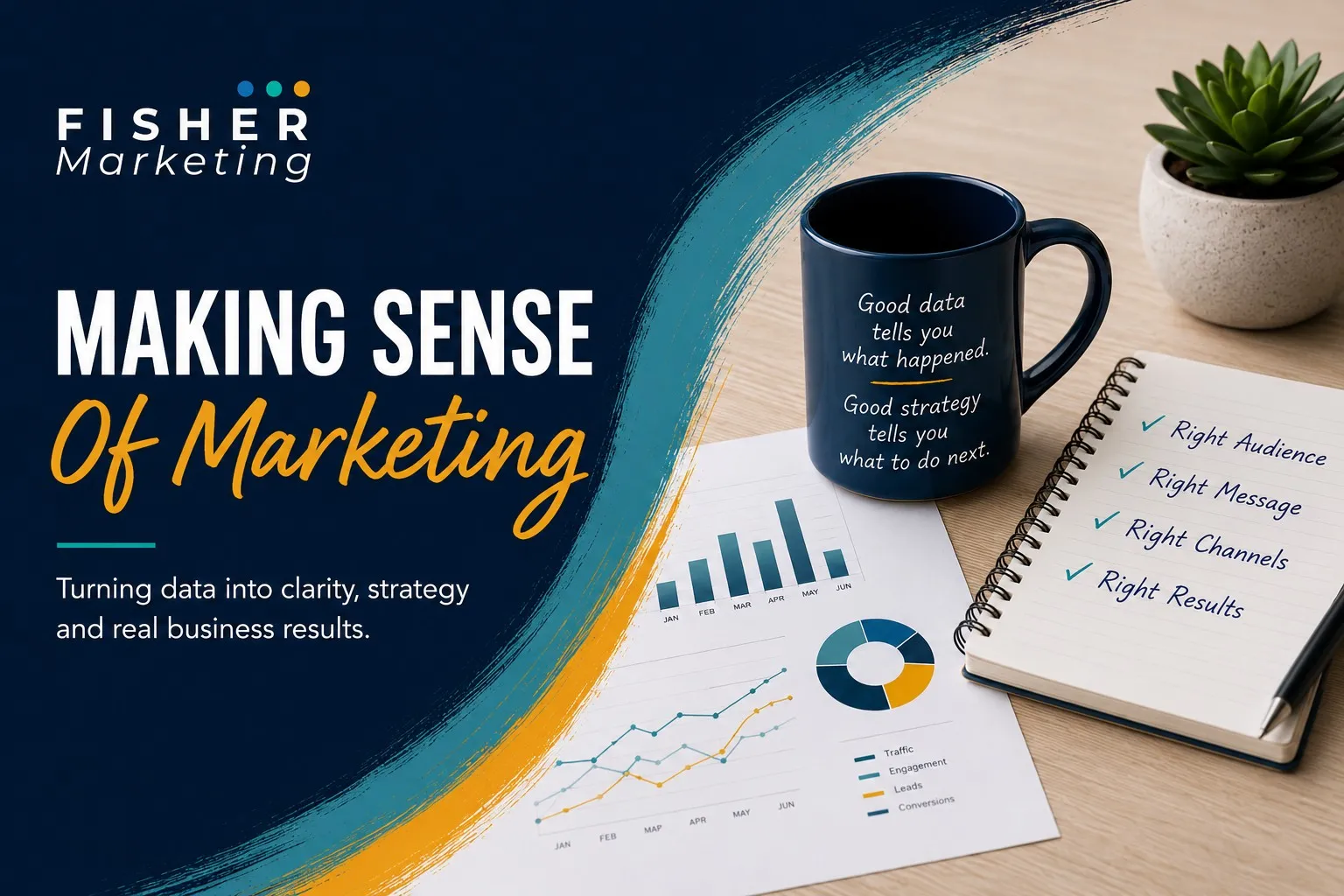Fisher Marketing promo with mug, charts, and notebook on desk, featuring Making Sense of Marketing and data-driven strategy text