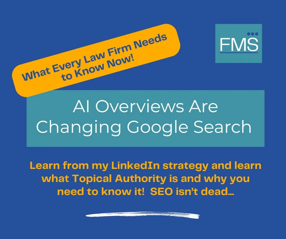 Blue background with text: "AI Overviews Are Changing Google Search." Top orange banner says "What Every Law Firm Needs to Know Now!"