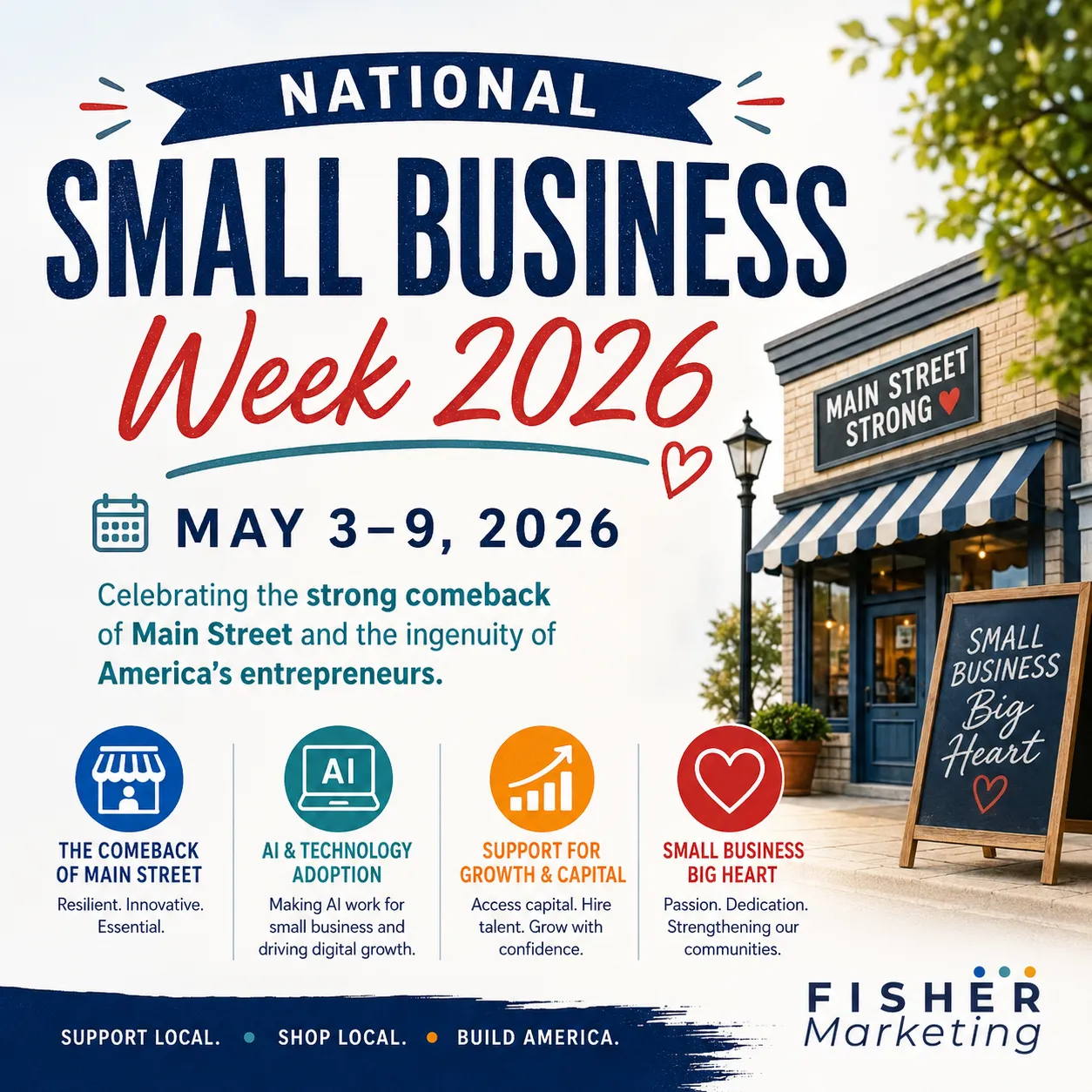 National Small Business Week 2026 poster with "Main Street Strong" store, blue and red text on a white background, and supportive icons.