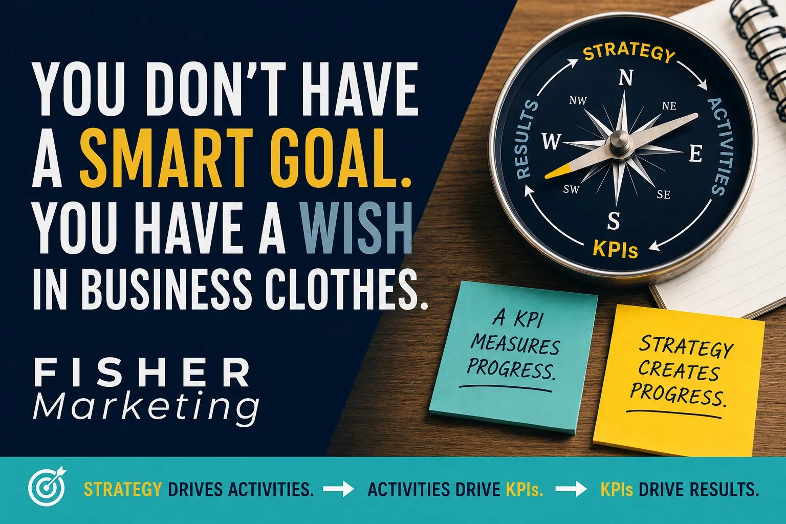 Marketing graphic with compass and sticky notes on desk; text says strategy drives activities, activities drive KPIs, KPIs drive results.