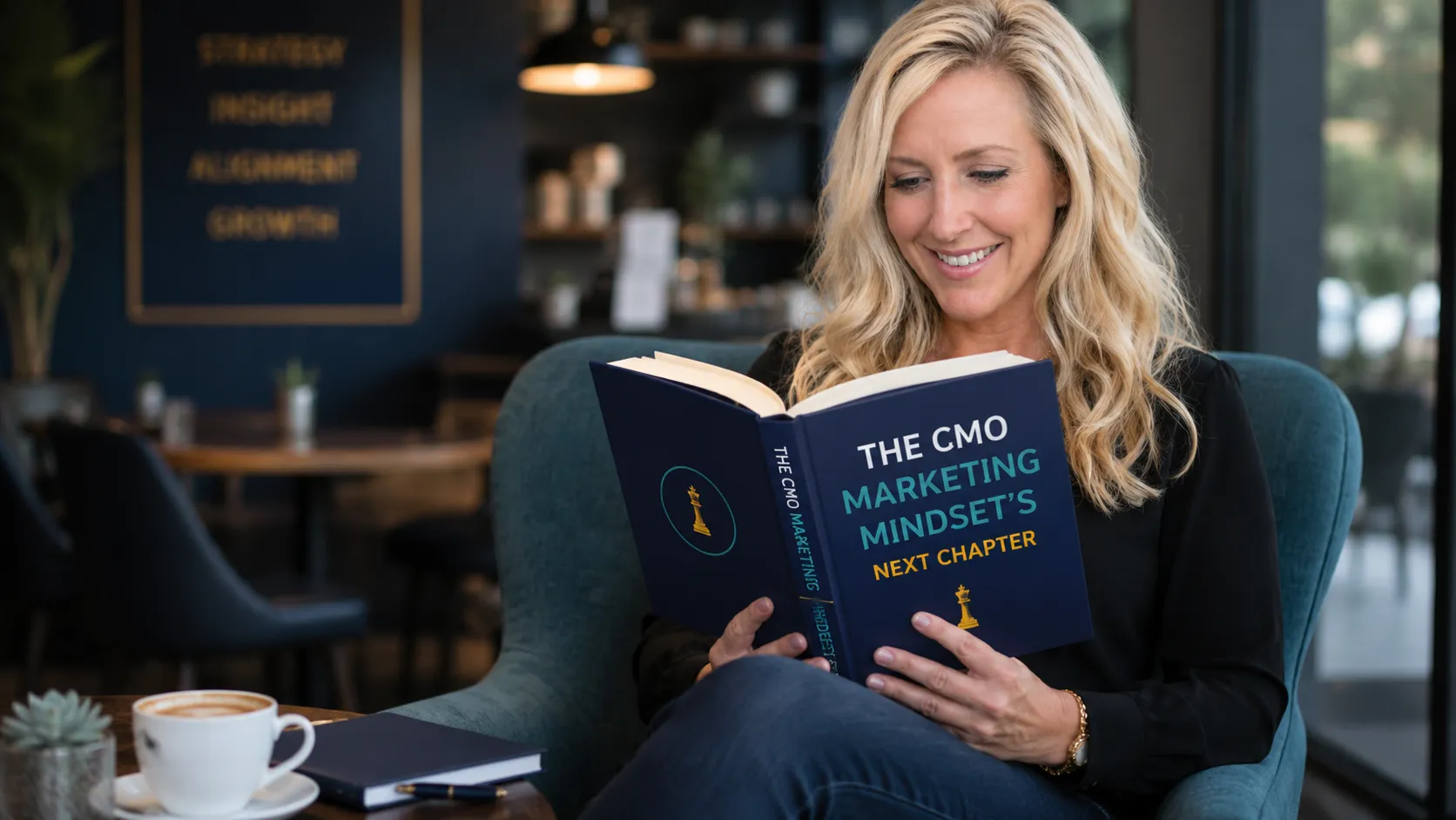 Julie Fisher seated in a blue armchair reading a marketing-themed book