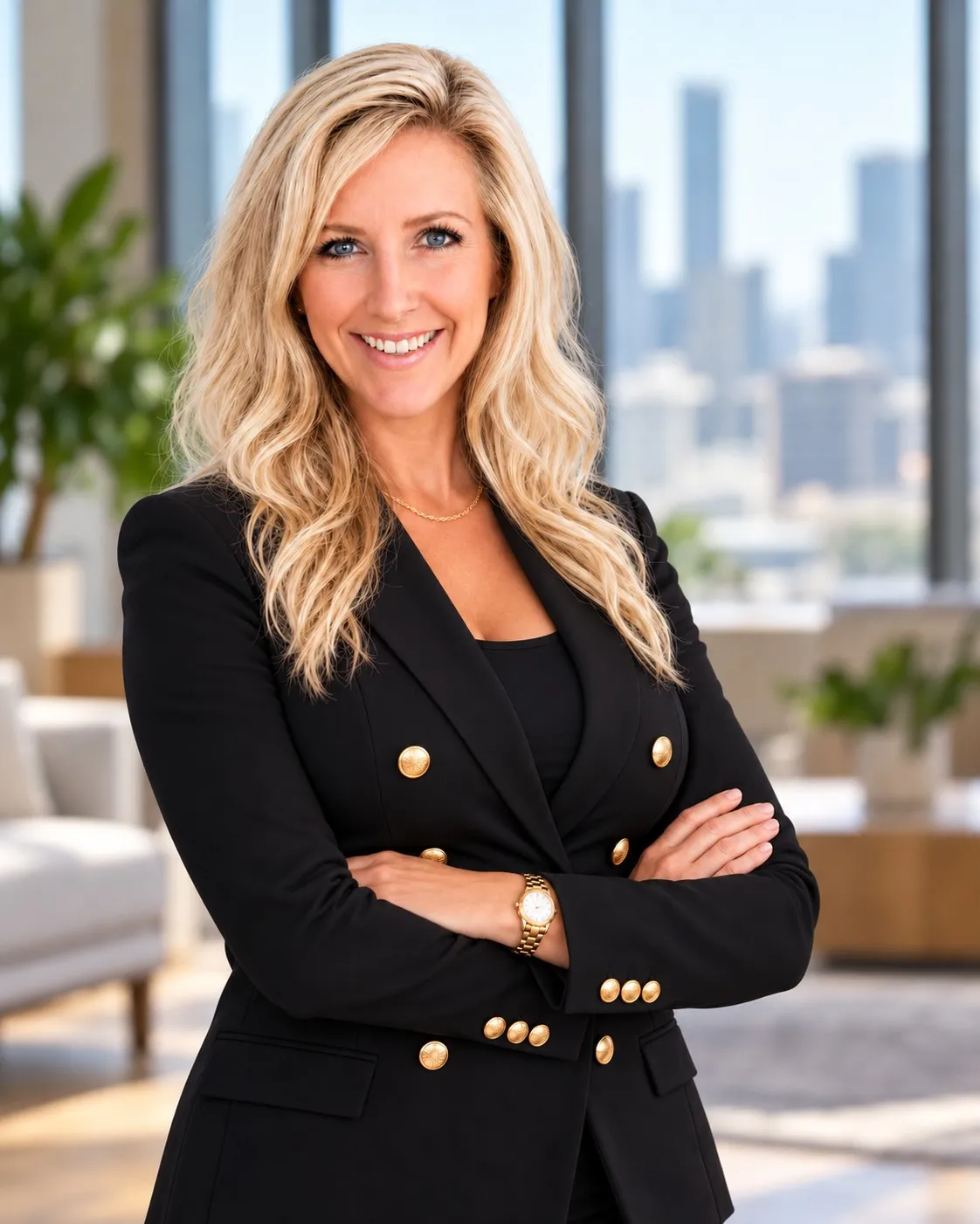 Julie Fisher in a black blazer, facing the camera in a bright professional office